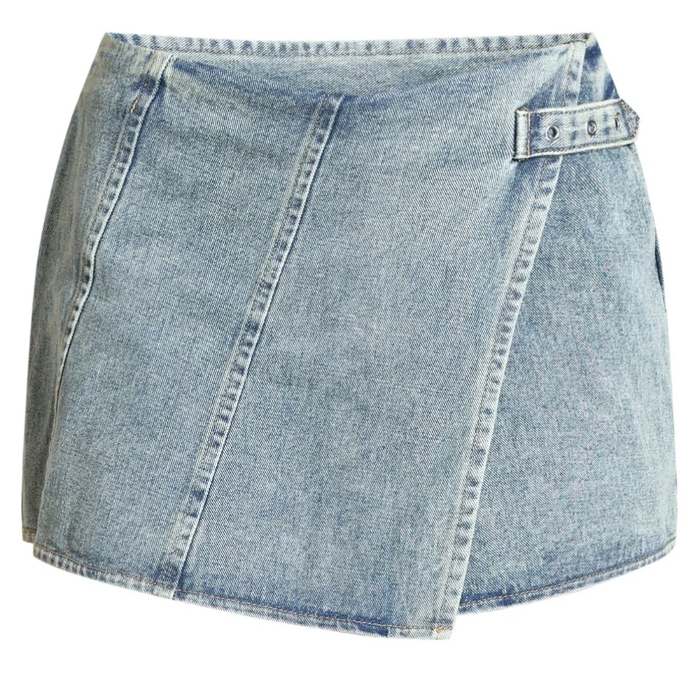 VINTAGE WASH MID RISE DENIM WRAP OVER MINI SKIRT - wash denim wrap over mini